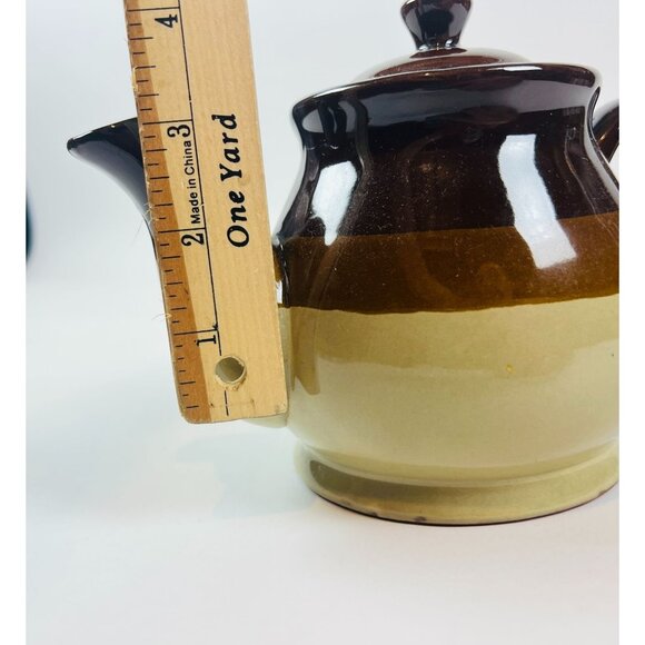 Vintage Brown Beige Ceramic Teapot With Lid Adorned Relic Farmhouse Decor - Picture 6 of 6
